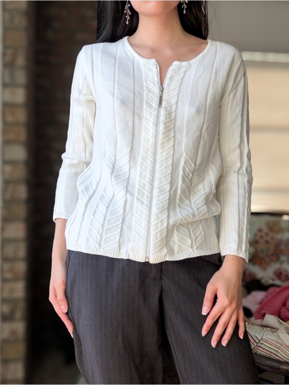 Parkhurst White Cable Knit Zip Cardigan